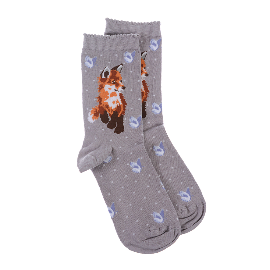 Wrendale Designs ‘Born To Be Wild’ Fox Bamboo Socks – Women’s One Size, Antibacterial, Grey (SOCK003)